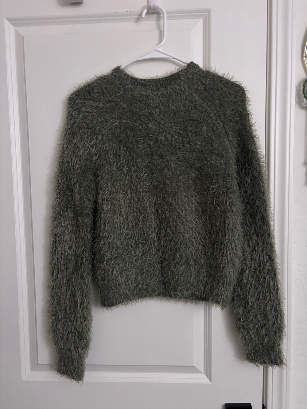 Pink Rose Olive Green Fuzzy Crew Neck Sweater